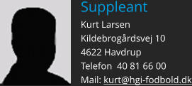 Suppleant Kurt Larsen Kildebrogårdsvej 10 4622 Havdrup Telefon  40 81 66 00 Mail: kurt@hgi-fodbold.dk
