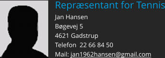 Repræsentant for Tennis Jan Hansen Bøgevej 5 4621 Gadstrup Telefon  22 66 84 50 Mail: jan1962hansen@gmail.com